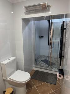 a bathroom with a toilet and a shower in it at O Cantinho dos Avós in Mourão +19 photos