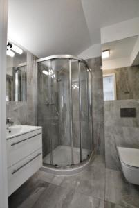 a bathroom with a shower and a sink at Apartamenty Rondo in Świnoujście