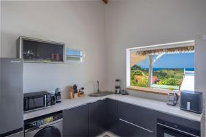 a kitchen with a counter top with a microwave and a window at La Villa de Solange - Canope in La Trinité