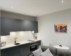 a kitchen with a couch and a sink in a room at Entire 1 Bed Central Flat - St Albans in St. Albans