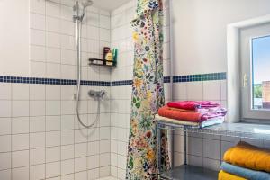 a bathroom with a shower with a shower curtain at Alte Schmiede Ellrichshausen 1 in Satteldorf