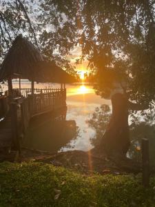 a sunset over a body of water with a tree at Aji fruit farm cottage peaceful lakeside farm stay with sunrise views 03 in Embilipitiya