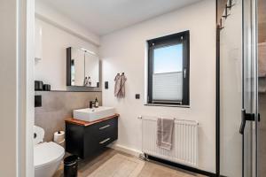 a bathroom with a sink and a mirror at Design-Apartment mit Garten in Langenbach +26 photos