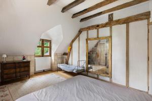 a bedroom with a bed and a mirror at Le Trianon Isabelle de Maillé - in Cravant-les-Coteaux +24 photos