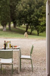 a table and chairs with a dog in the park at Bioagriturismo il cerreto in Pomarance