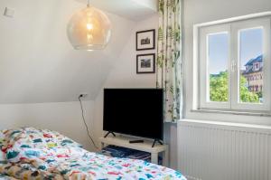 a bedroom with a tv and a bed and a window at Alte Schmiede Ellrichshausen 2 in Satteldorf
