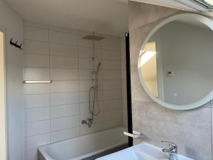 a bathroom with a shower and a sink and a mirror at Moderne Ferienwohnung mit Balkon und Klima in Neufraunhofen