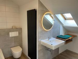 a bathroom with a sink and a toilet and a mirror at Moderne Ferienwohnung mit Balkon und Klima in Neufraunhofen