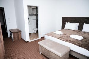a bedroom with a bed and a bathroom with a toilet at Villa Palma - With Free Parking in Mostar