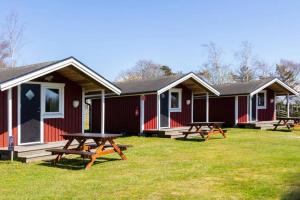 a group of picnic tables in front of a cabin at Rödlix Vandrarhem & Camping in Tvååker