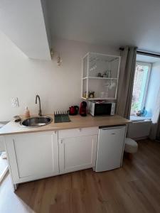 a white kitchen with a sink and a microwave at Cozy independent apartment in Mornant