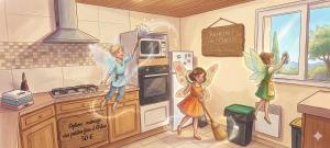 a drawing of a kitchen with angels in the kitchen at Gîte Orléo Sérénité in Saint-Vincent-Rive-dʼOlt +7 photos