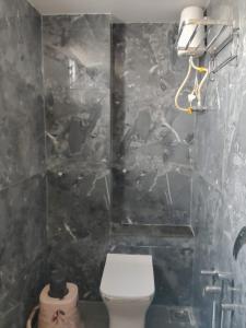 a bathroom with a toilet and a black wall at Hotel Sun City in Kalol +29 photos