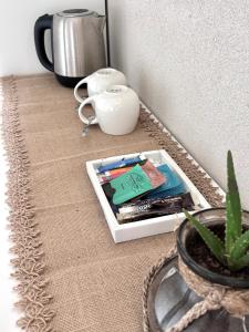 a table with a tray with books and a plant at Lake View Balcony in Le Chenit