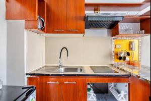 a small kitchen with wooden cabinets and a sink at Lupe&Lulu aparments in Santiago +15 photos