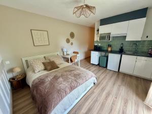 a bedroom with a bed and a kitchen at Numéro 6 in Toulouse