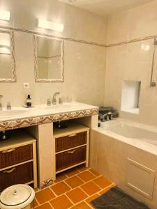 a bathroom with a sink and a tub and a toilet at Logis Hôtel Le Boudoir in Belvès +93 photos