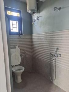 a bathroom with a toilet and a window and a shower at Nashlem Homestay in Mawphlang