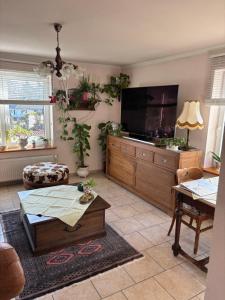 a living room with a large flat screen tv at Little Cottage auf 2 Etagen in Raben Steinfeld