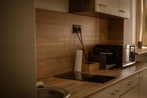 a kitchen counter with a coffee maker and a microwave at Lyra Apartment 2 in Sfântu-Gheorghe
