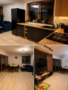 two pictures of a kitchen and a living room at U Margo nad rzeczką in Susiec