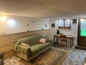a living room with a green couch and a table at Baita Lodge Valfreda in Falcade