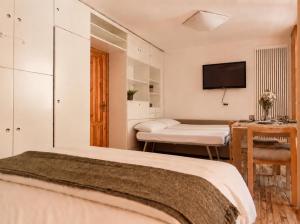 a bedroom with a bed and a desk and a tv at Loft a Canazei vicino alle piste vista Marmolada in Alba di Canazei