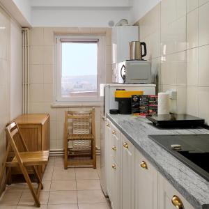 a kitchen with a counter with a microwave and a window at Lapusneanu Central Apartments in Iaşi +13 photos