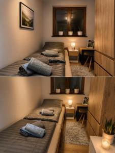 two photos of a room with two beds in it at U Margo nad rzeczką in Susiec