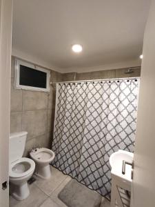 a bathroom with a toilet and a shower with a tv at Las Heras in Bahía Blanca +11 photos