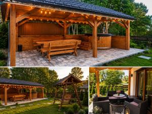 a wooden pavilion with a picnic table and a gazebo at U Margo nad rzeczką in Susiec