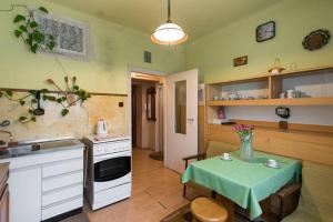 a kitchen with a table with a vase of flowers on it at Feel The Old Socialist Style Apartment in Krakow