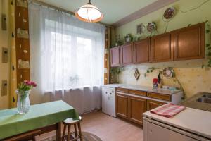 kuchnia z drewnianymi szafkami, oknem i umywalką w obiekcie Feel The Old Socialist Style Apartment w Krakowie +19 zdjęć