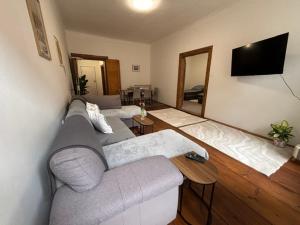 a living room with a couch and a flat screen tv at Apartmán Růženka Písek in Písek