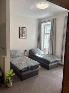 two beds in a room with a window at Apartmán Růženka Písek in Písek
