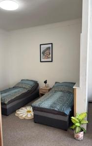 a bedroom with two beds and a night stand at Apartmán Růženka Písek in Písek