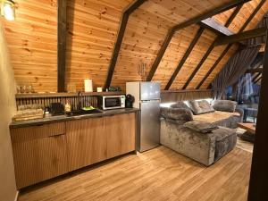 eine Küche mit Kühlschrank und eine Couch in einem Zimmer in der Unterkunft A-frame Cernat in Albac