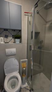 a bathroom with a toilet and a glass shower at Ito in Miholašćica +19 photos