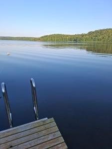 a dock on a lake with trees in the background at Glamping in Alingsås