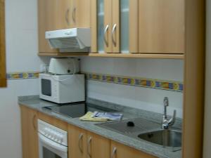 a kitchen counter with a sink and a microwave at APCOSTAS - Puerto Playa in Los Urrutias
