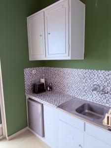 a kitchen with green walls and white cabinets and a sink at Art & Motion Union - Guest Room 5 in Andros
