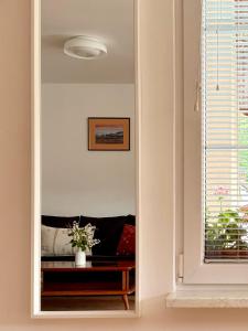 a mirror in a room with a couch and a window at Apartments Gorje Hideaway in Spodnje Gorje