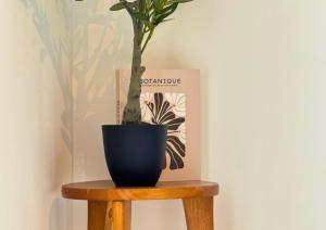 a blue vase sitting on a wooden table with a plant at VILLA LÉMAN - Panoramic lake view in Évian-les-Bains +39 photos