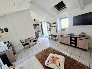 a large living room with a tv on the wall at Studio 09 in Sulniac