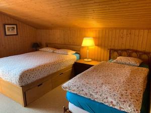 a bedroom with two beds and a lamp in it at Chalet Castor in Les Diablerets