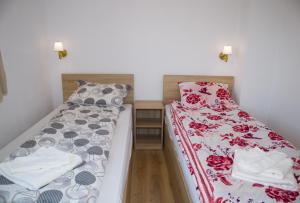 a bedroom with two beds and a night stand at 4 Fa Apartmanok in Miercurea-Ciuc
