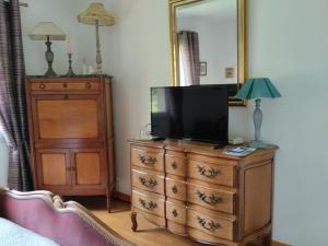 ein Fernseher auf einer Kommode im Schlafzimmer in der Unterkunft Petit Lu in Quincampoix