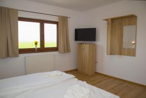 a bedroom with a bed and a tv and a window at 4 Fa Apartmanok in Miercurea-Ciuc