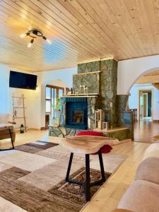 a living room with a stone fireplace and a table at Casa Rogin in Buhalniţa