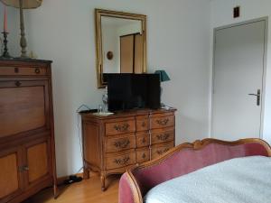 ein Schlafzimmer mit einer Kommode, auf der ein Fernseher steht in der Unterkunft Petit Lu in Quincampoix + 11 Fotos